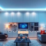 Modern smart home with integrated AI technologies and devices.