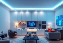 Modern smart home with integrated AI technologies and devices.