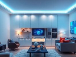 Modern smart home with integrated AI technologies and devices.