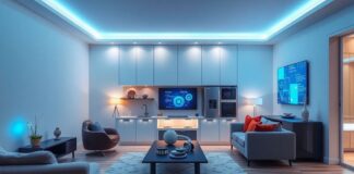 Modern smart home with integrated AI technologies and devices.