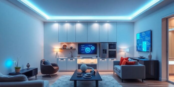 Modern smart home with integrated AI technologies and devices.