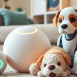 AI companions including robotic puppies and a soft ball.