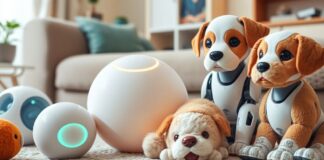 AI companions including robotic puppies and a soft ball.