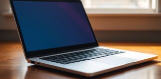 Modern budget-friendly laptop on a wooden desk.