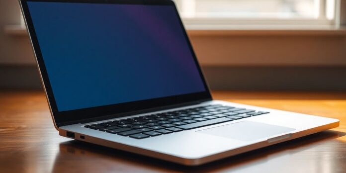 Modern budget-friendly laptop on a wooden desk.