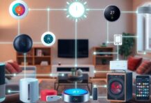 Smart home devices with glowing connections illustrating AI integration.