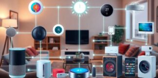 Smart home devices with glowing connections illustrating AI integration.