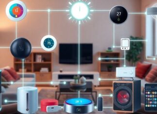 Smart home devices with glowing connections illustrating AI integration.