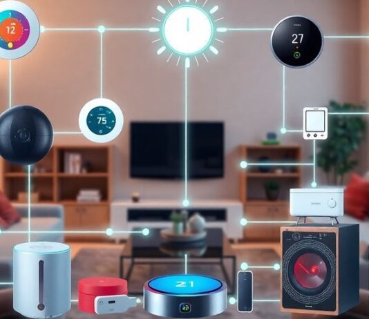 Smart home devices with glowing connections illustrating AI integration.