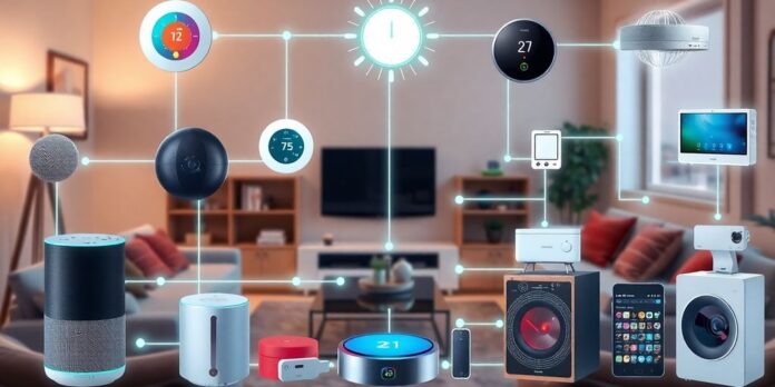 Smart home devices with glowing connections illustrating AI integration.