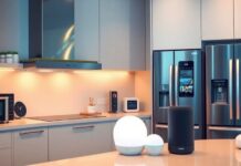 Futuristic kitchen with advanced smart appliances and technology.