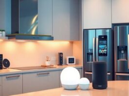 Futuristic kitchen with advanced smart appliances and technology.