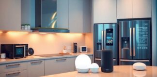 Futuristic kitchen with advanced smart appliances and technology.