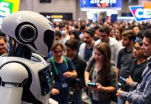 CES 2025 with robots and attendees in a tech showcase.