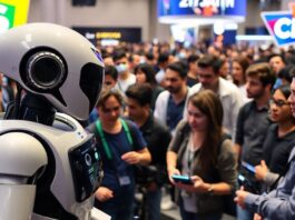 CES 2025 with robots and attendees in a tech showcase.