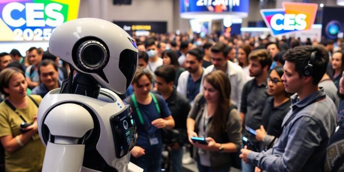 CES 2025 with robots and attendees in a tech showcase.